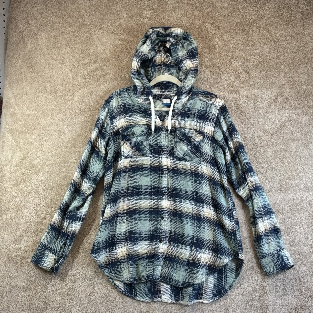 Kavu Jess Flannel Hoodie‎ Womens Sz M Shacket Blue Plaid Button Up Gorpcore